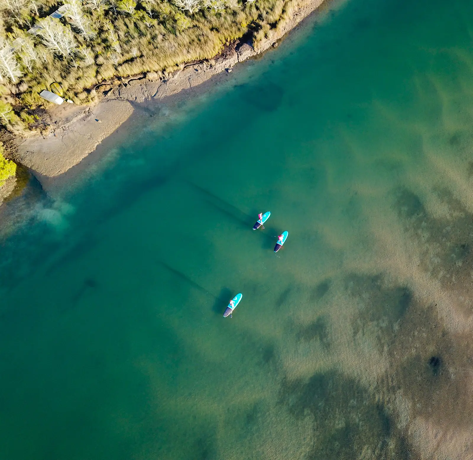 An aerial shot of stand-up paddleboarders on a Wajaana Yaam Gumbaynggirr Adventure Tours experience, NSW © Tourism Australia 