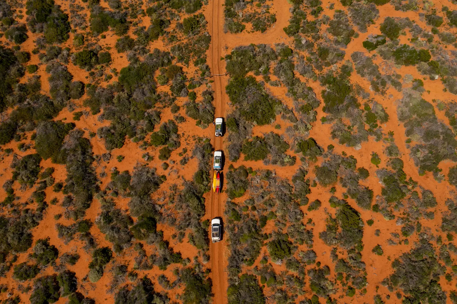An aerial shot of 4WD’s heading to Francois Peron National Park on a Wula Gura Nyinda Eco Cultural Adventures tour, WA © Tourism Australia