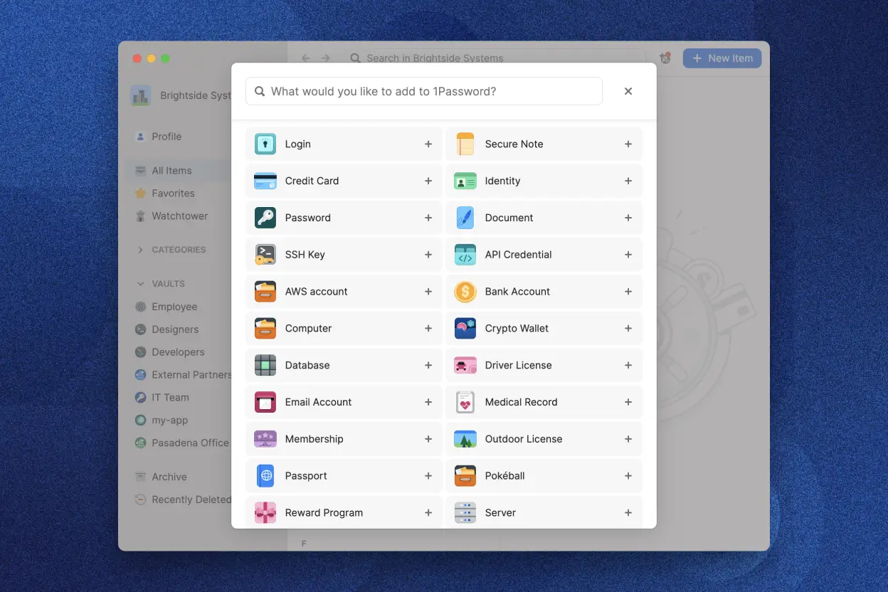 Fenêtre contextuelle apparaissant dans l'application 1Password. Cette fenêtre propose à l’utilisateur des catégories pour faire ses débuts, ainsi que des outils de développement et les connexions les plus demandées. Elle montre aussi des icônes, avec des options comme celles intitulées « connexion », « carte de crédit », « passeport » et identifiant pour IPA ».