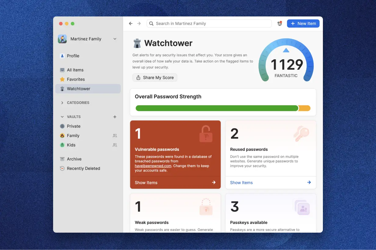 Animation of Watchtower feature within 1Password’s password manager, highlighting weak passwords, reused passwords, passkeys available and two-factor authentication.