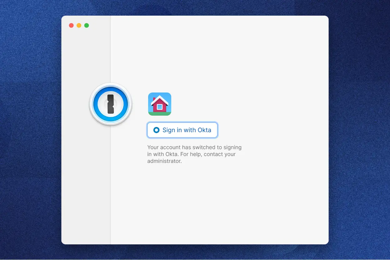 1Password 登入界面,提供使用 Okta 登入的選項。