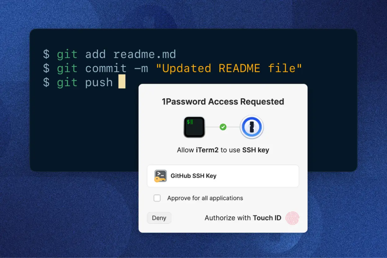 1Password 快顯視窗要求進行生物辨識身分驗證,以允許 iTerm2 存取一個儲存在 1Password 的 SSH Key。