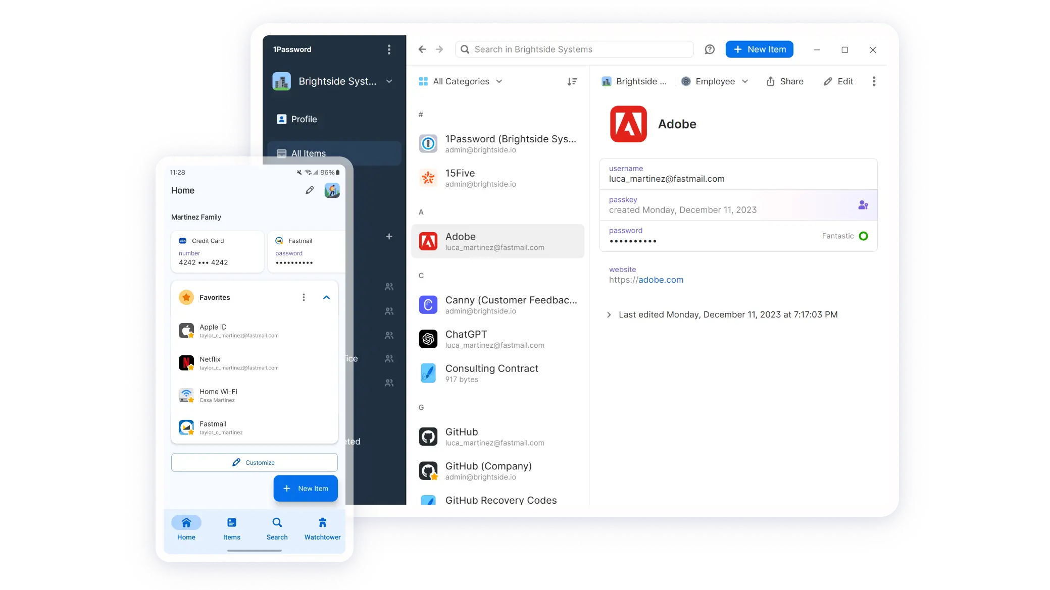 手機和桌上型電腦上均顯示 1Password 應用程式。手機顯示「主頁」螢幕畫面,其中包含密碼、信用卡和 Wi-Fi 資訊等已儲存的資料。下方列出了 Netflix 等「我的最愛」。桌上型電腦顯示包括 Adobe 在內的登入清單。已選擇並顯示 Adobe 帳戶的詳細資料,包括使用者名稱和標記為「非常棒」的密碼強度指標。