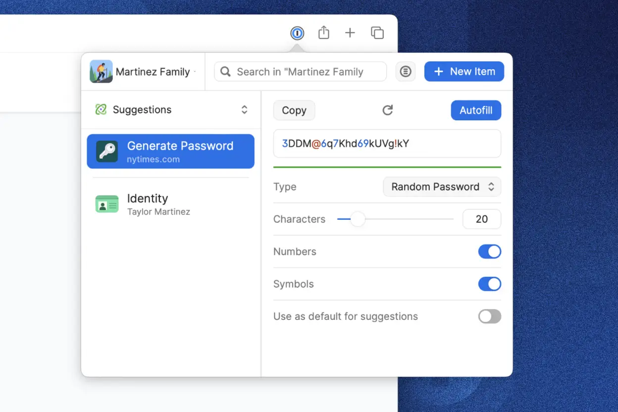 Password generator tool showing a randomly generated secure password, with options to copy or autofill. 