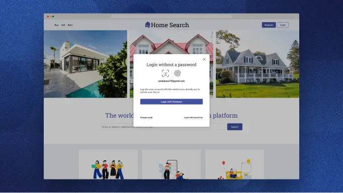 Invite de connexion sur un site Web indiquant « Connectez-vous à votre compte avec la méthode que vous utilisez déjà pour déverrouiller votre appareil » ainsi que des options pour se connecter à l'aide de clés d'accès.