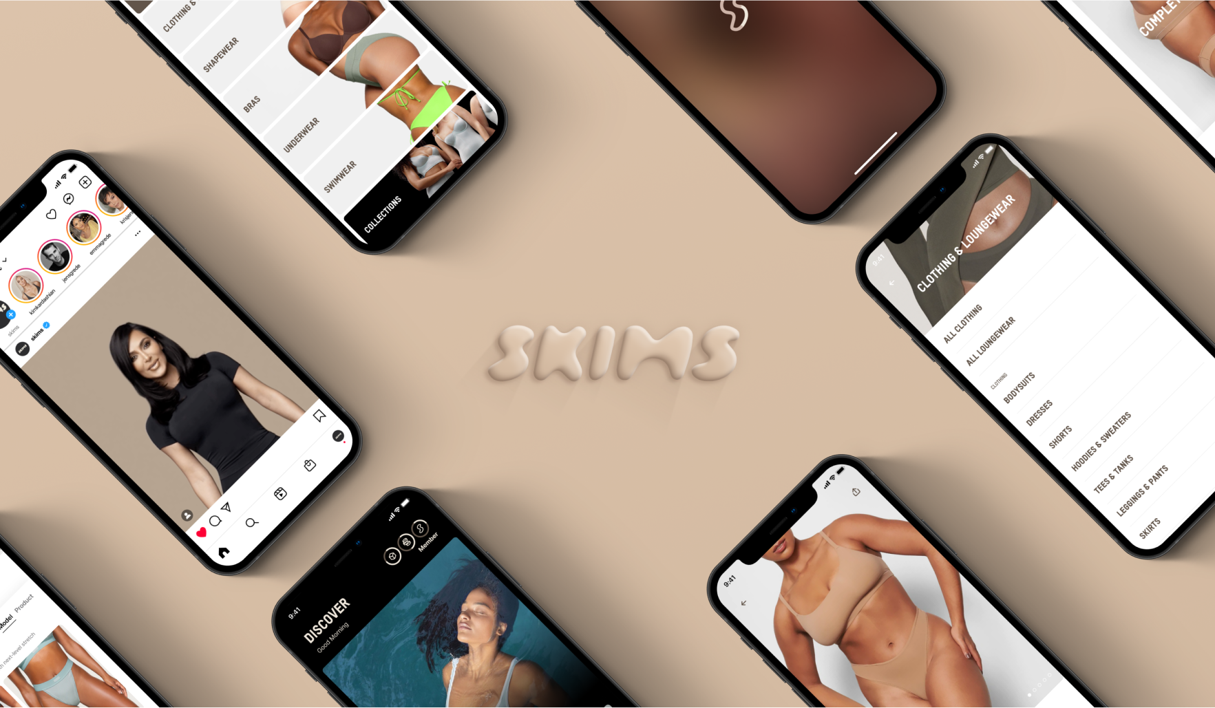 The SKIMS logo sits on a nude coloured background with phones displaying examples of the SKIMS app arranged diagonally.
