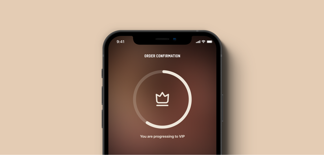 The top half of a phone displays an order confirmation with circular loading icon with a simple crown in the centre. Text underneath says, you are progressing to VIP.
