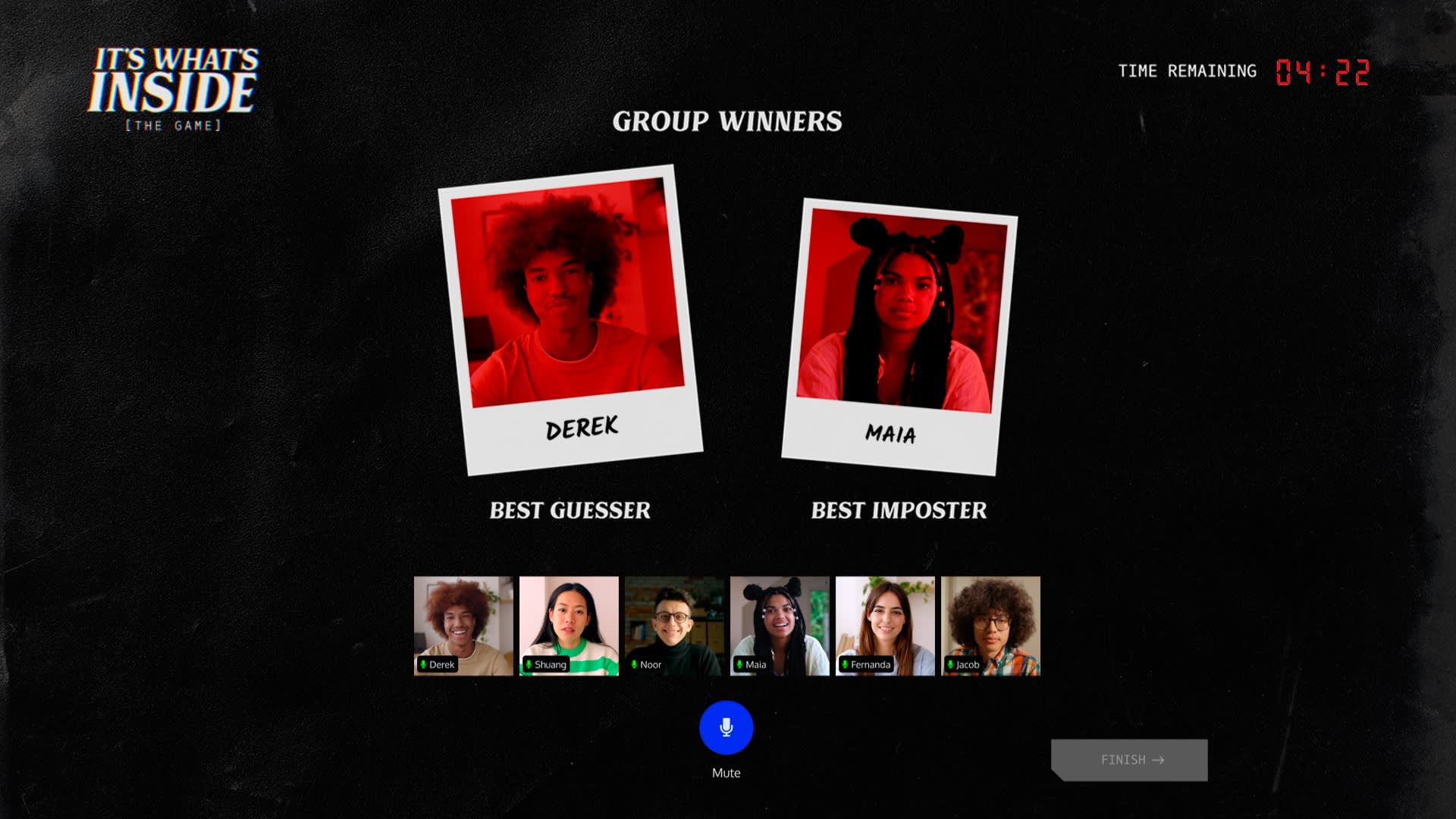 A display of the group winners, two red polaroid photographs.