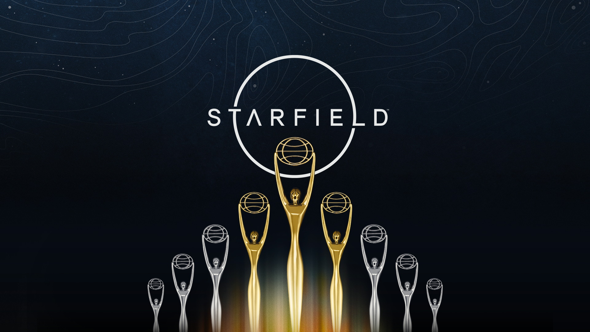 A white Starfield logo with a circle around it sits on a black background with a cascade of three gold and six silver Clio awards.