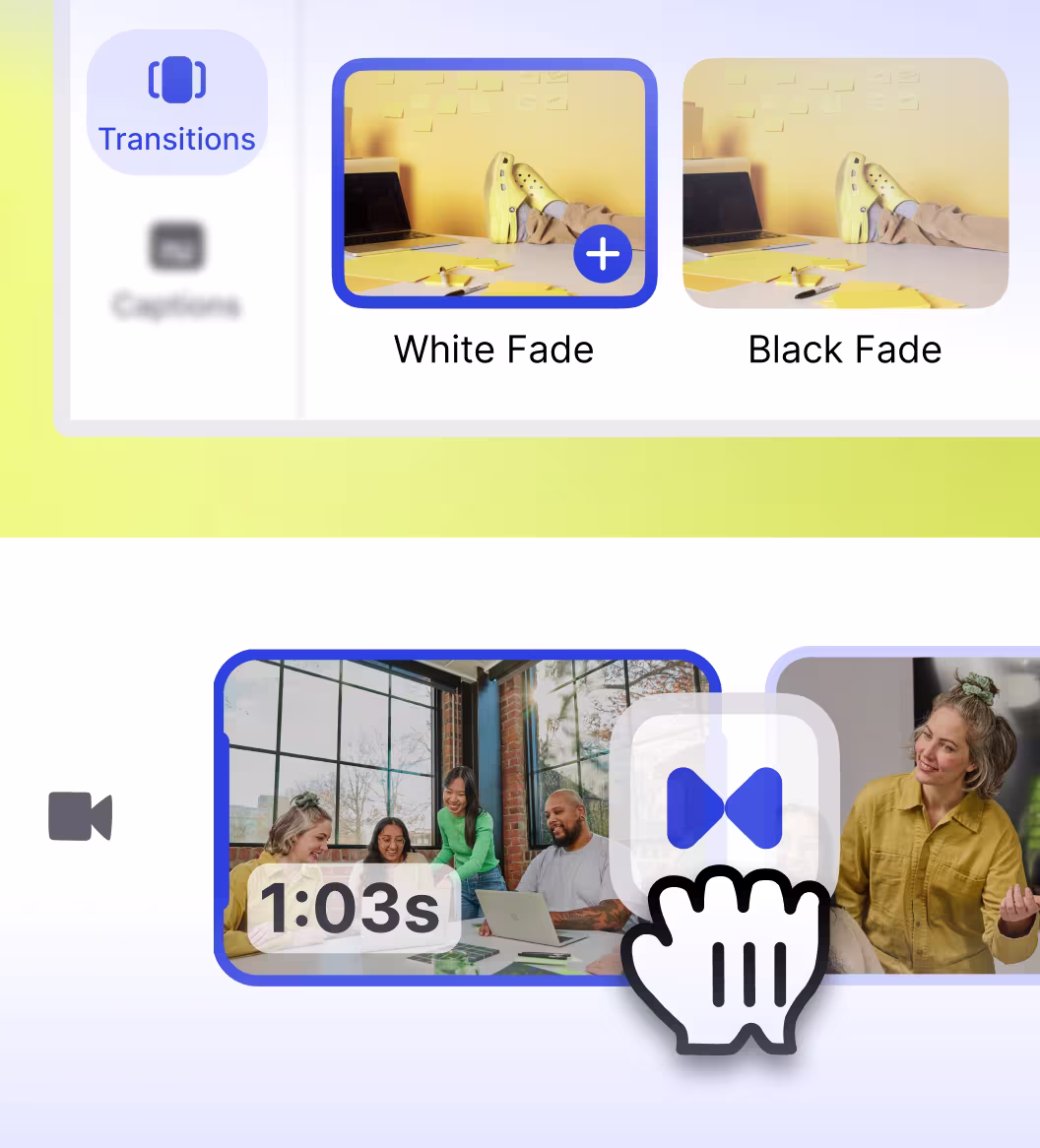 Video editor UI showing two transition effects and a white fade effect being applied in the timeline.