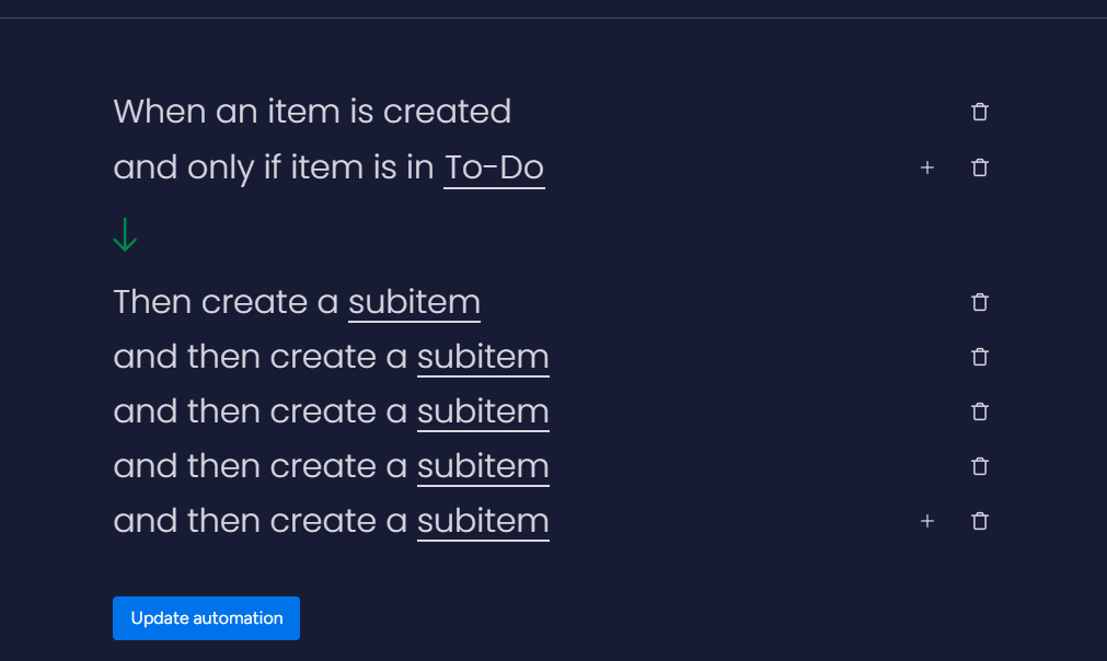 Example of a monday.com automated workflow which shows one trigger and multiple actions.