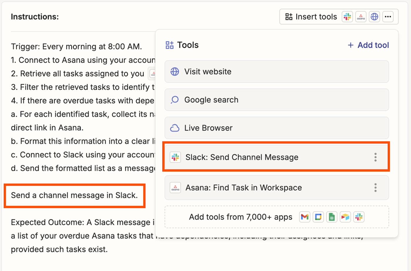 Screenshot of insert tools options