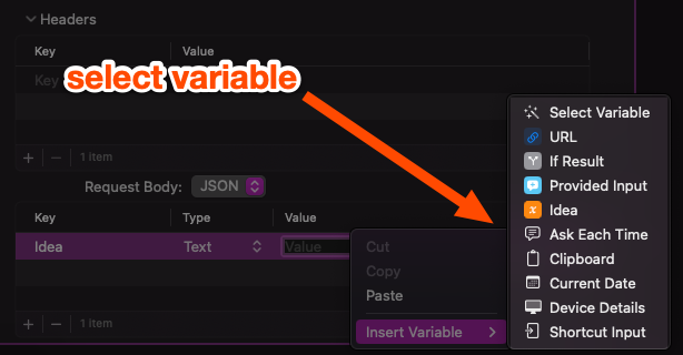 The Insert Variable menu is shown open with an orange arrow pointing to the variables available to select.
