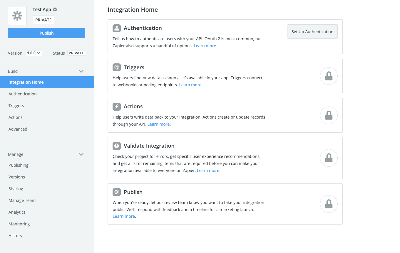 Zapier "Integration Home" page