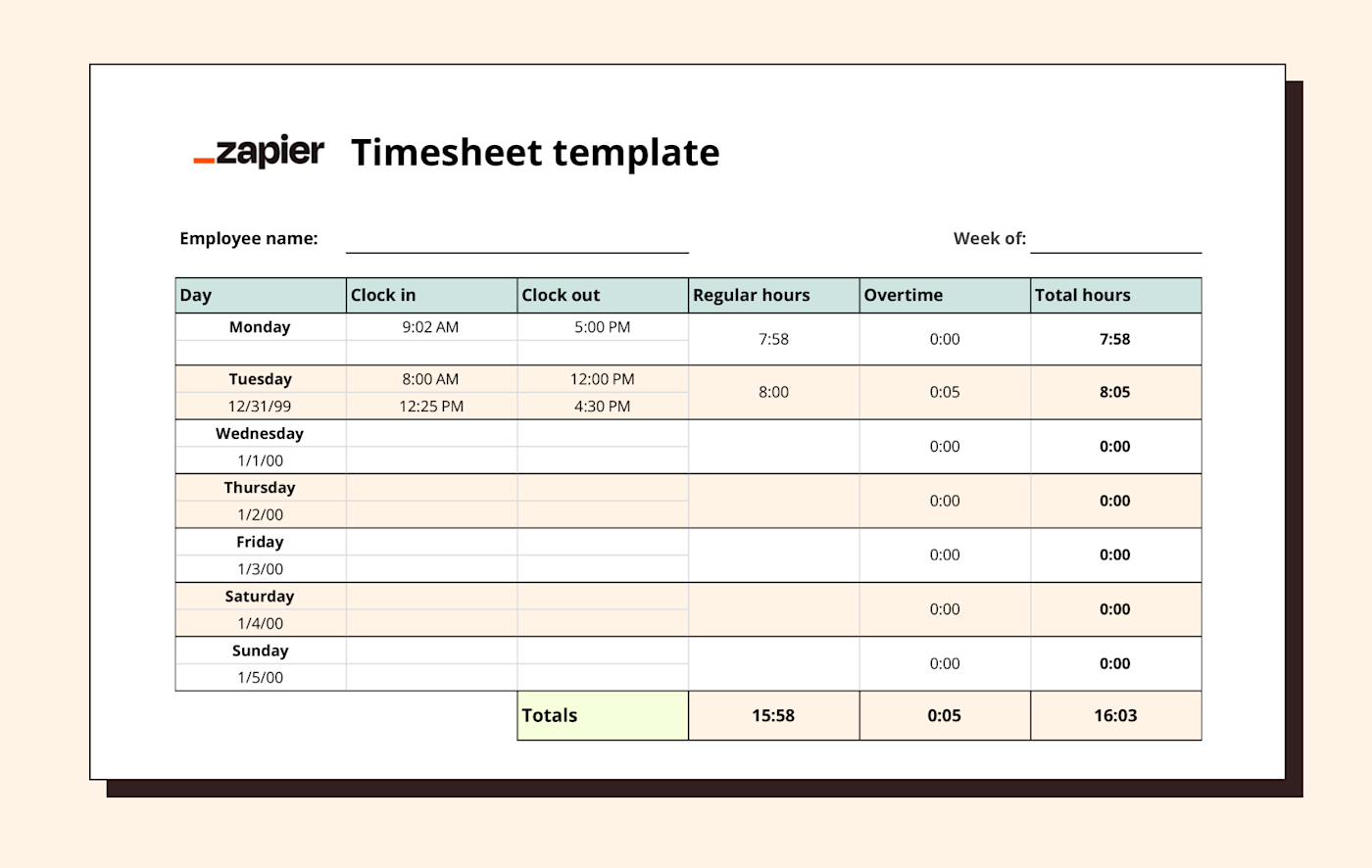 Screenshot of a timesheet template in Excel