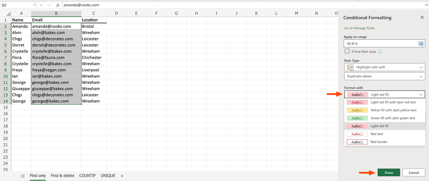 An Excel worksheet with data in column B highlighted and a list of conditional formatting options for the highlighted list. There are arrows pointing to the "format with" options and the "done" button.