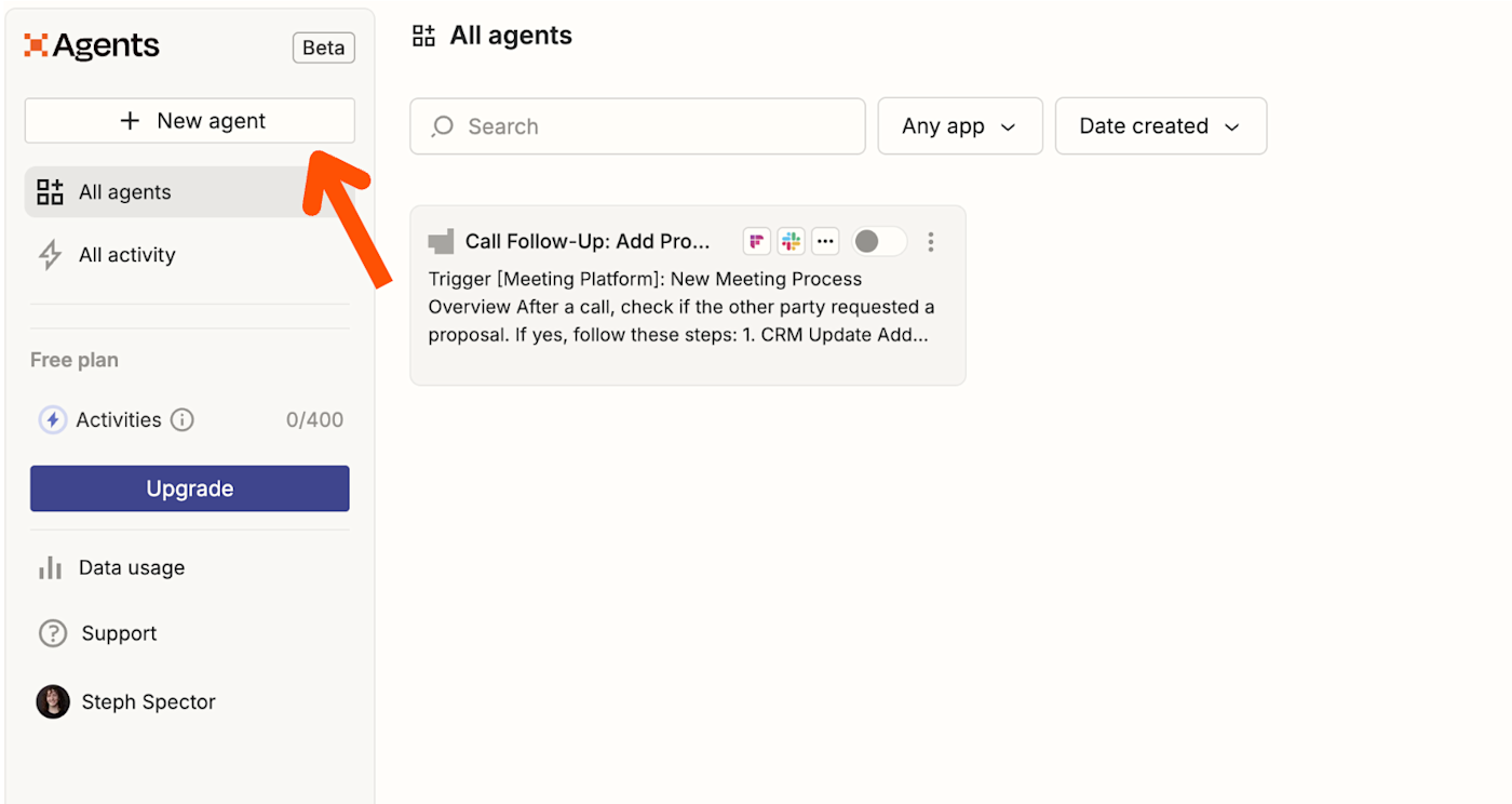 Screenshot of agents dashboard with an arrow pointing to the "new agent" button