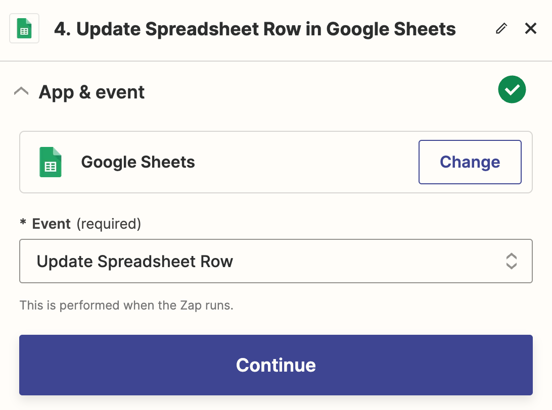 The green Google Sheets app icon next to the text "Update Spreadsheet Row in Google Sheets".