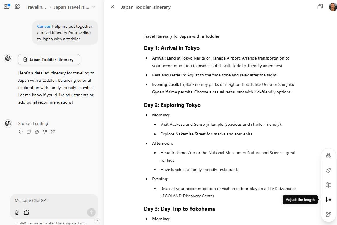 Working on an itinerary in ChatGPT Canvas