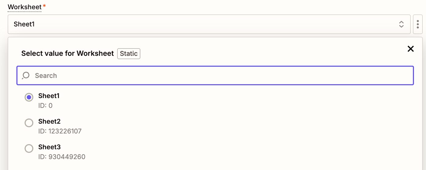 The data dropdown for the Worksheet field in a Google Sheets trigger step.