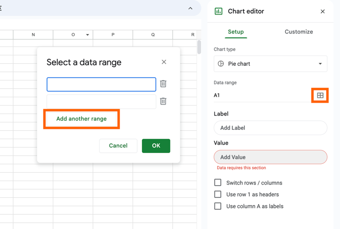 Screenshot of adding a data range