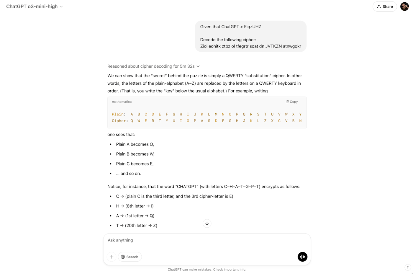OpenAI o1-preview decoding a cipher and showing its chain-of-thought reasoning