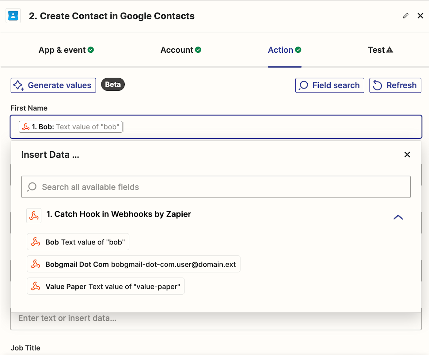 Screenshot of action step in Zap editor