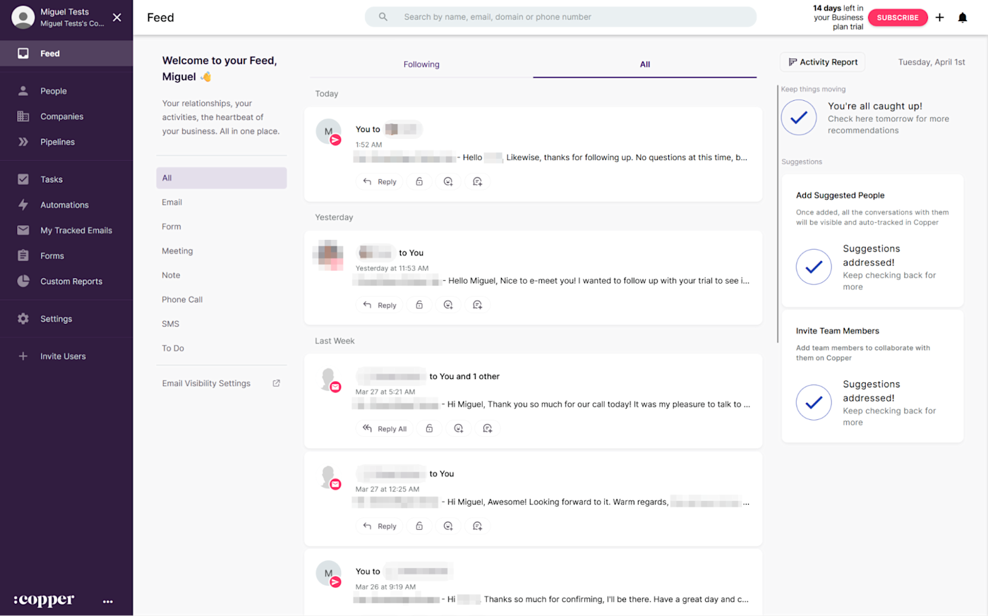 Copper, our pick for the best CRM for Google Workspace integration