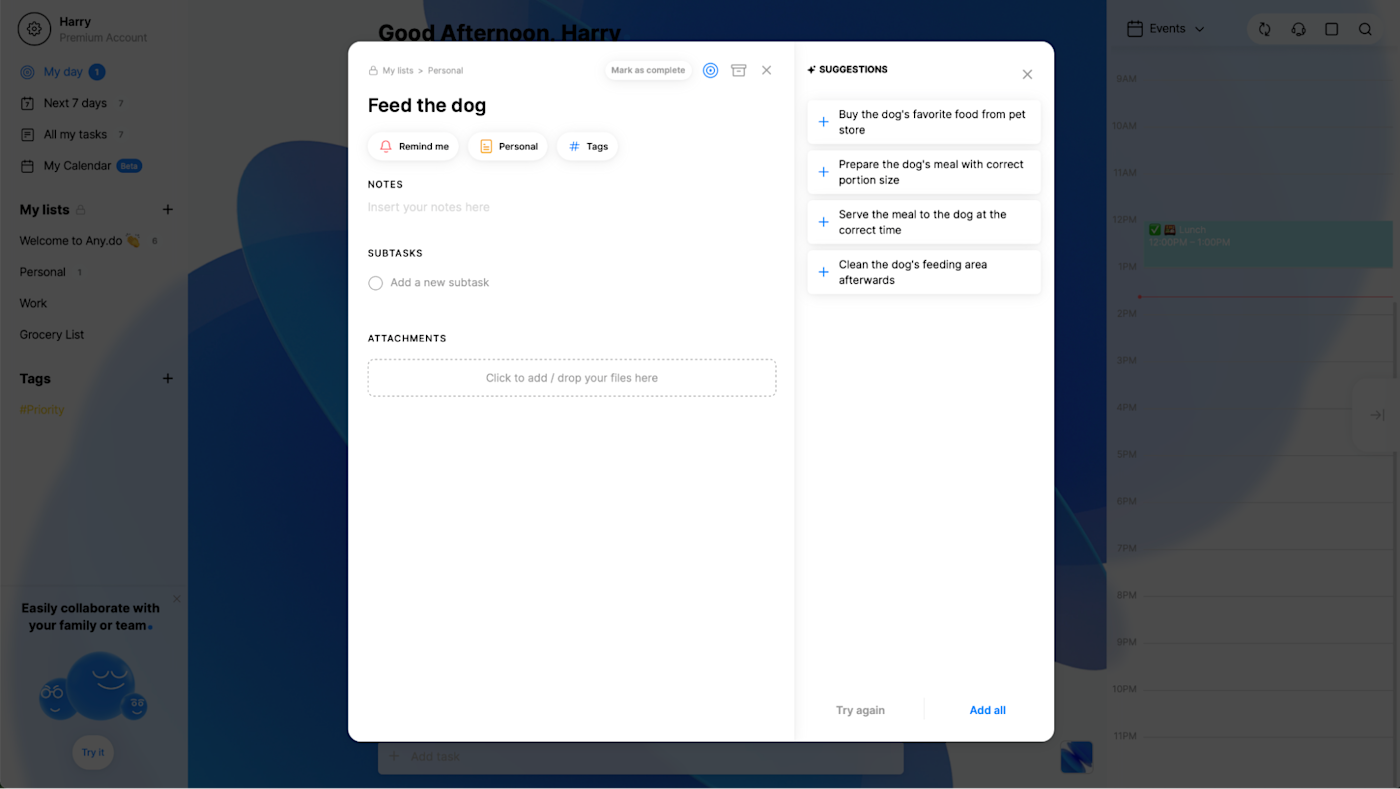 Any.do, our pick for the best to-do list app for people who forget to use to-do apps