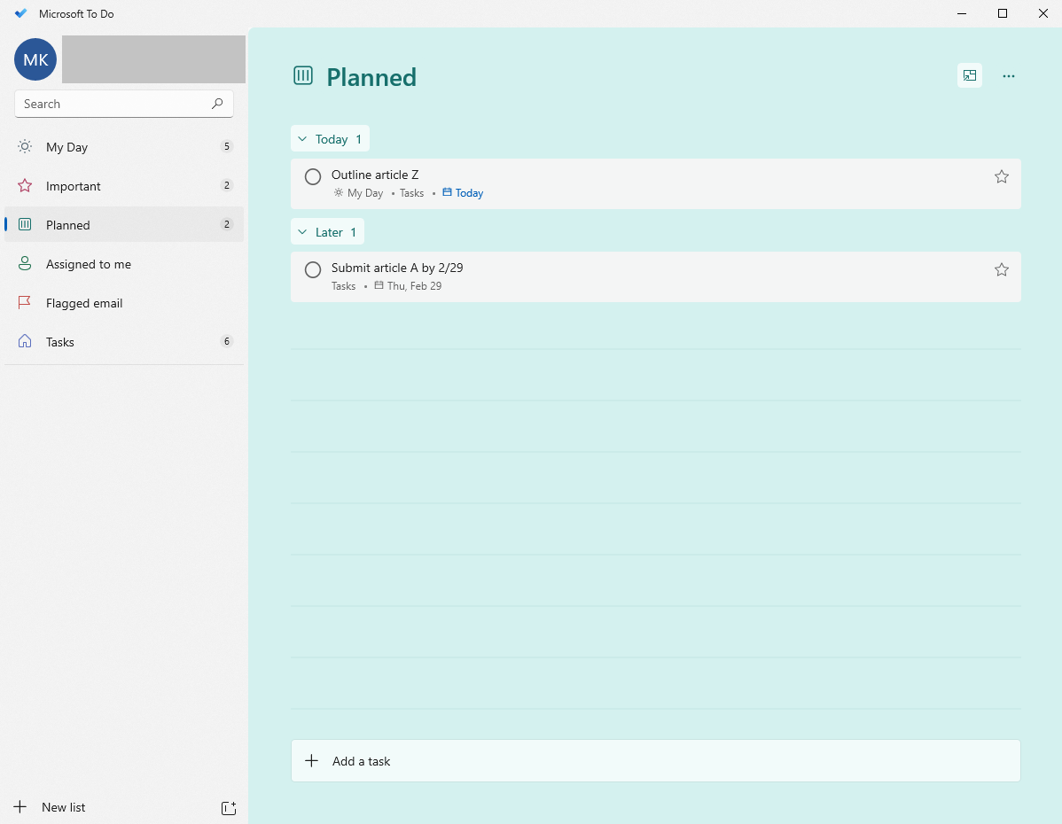 The Planned tab in Microsoft To Do