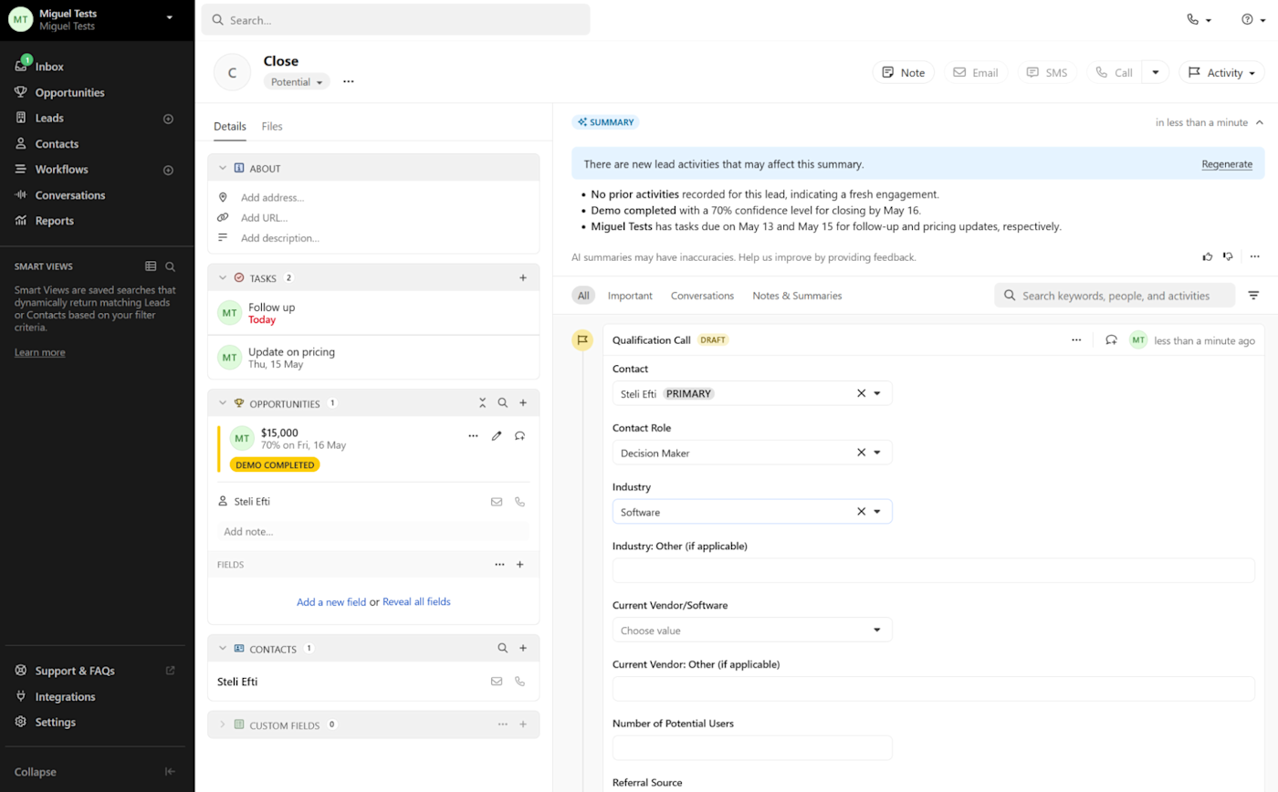A screenshot of Close, our pick for the best CRM for faster lead prospecting