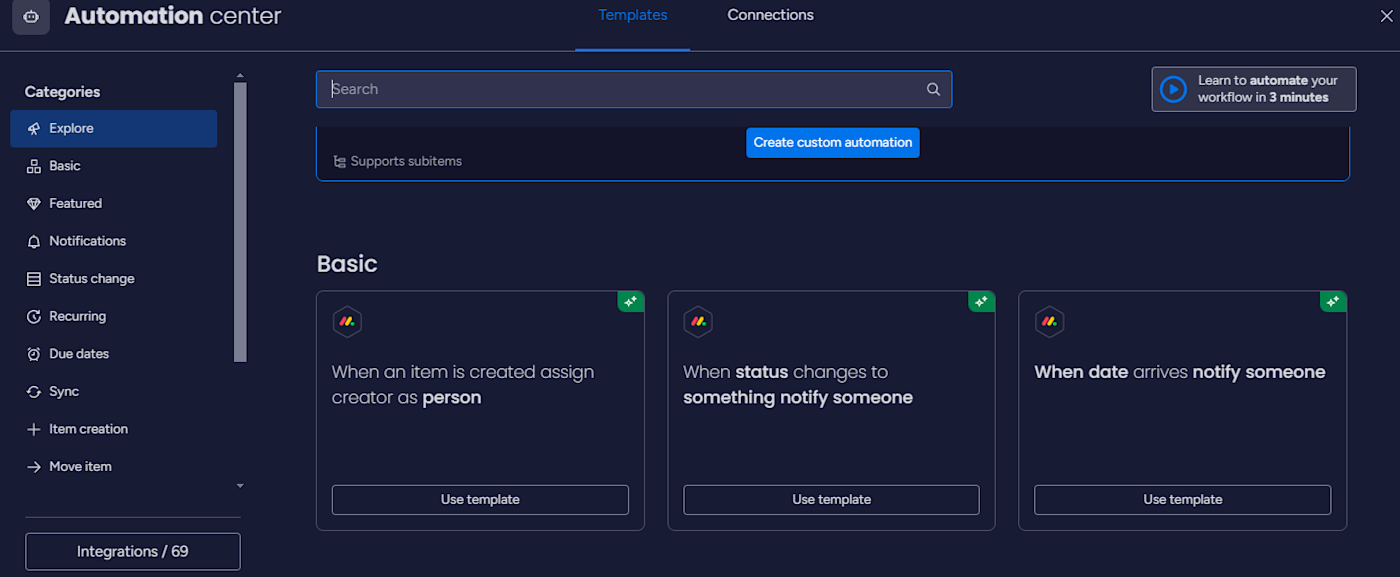 monday.com's automation center dashboard displays automation templates and categories of templates.