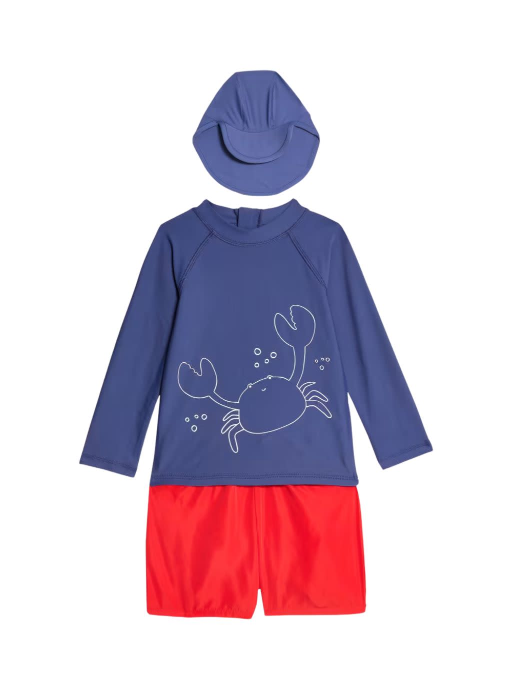 a navy and red swim kit with hat for young boys