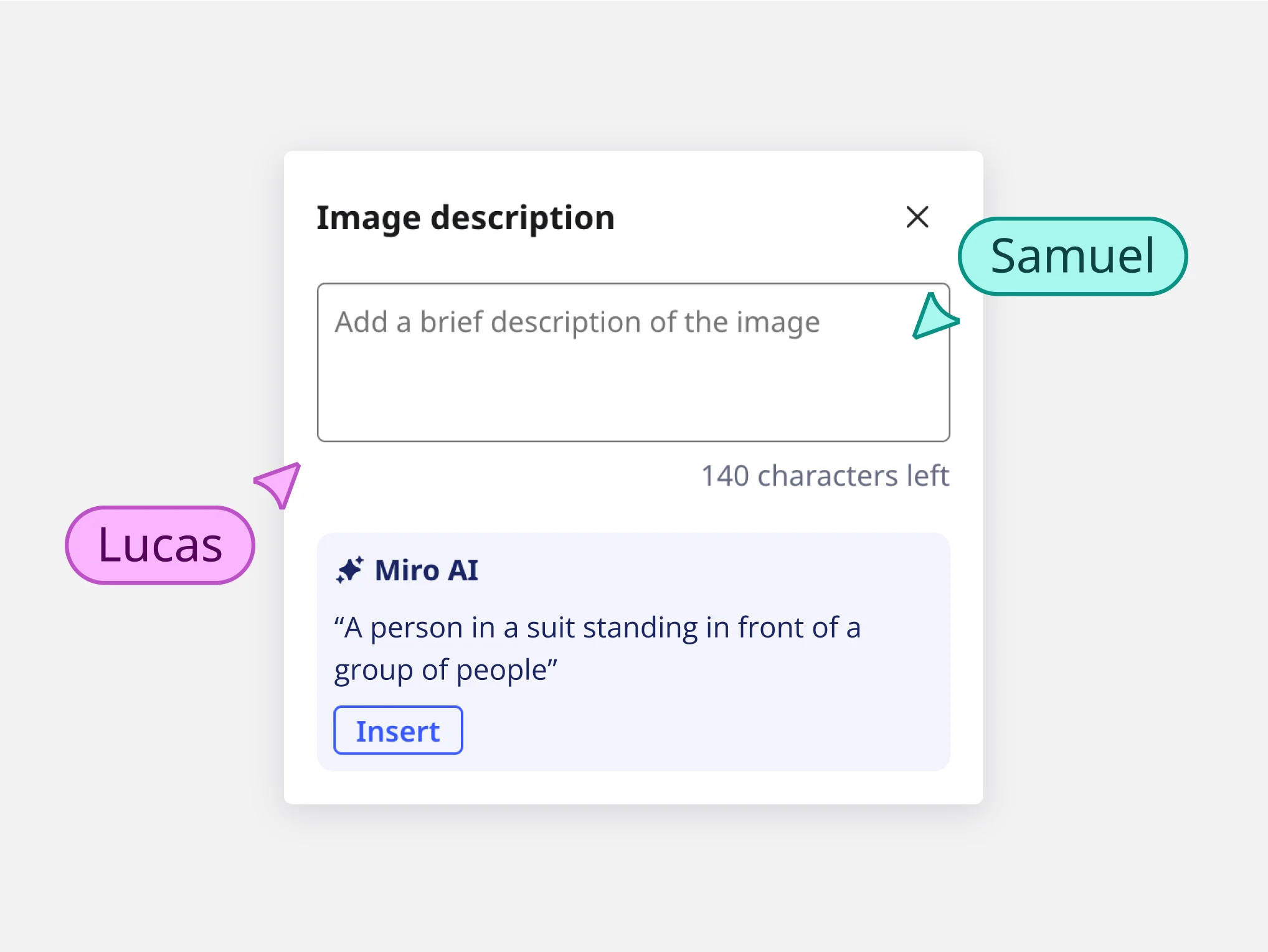 Miro’s image description panel with a text box and an AI-generated alt text suggestion below: “A person in a suit standing in front of a group of people.